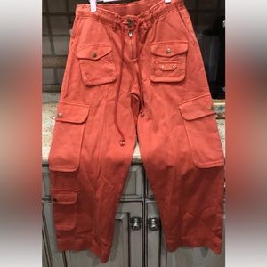 Free People Tahiti Cargo Pants Utility Pockets Smocked Waist Tie Orange Red